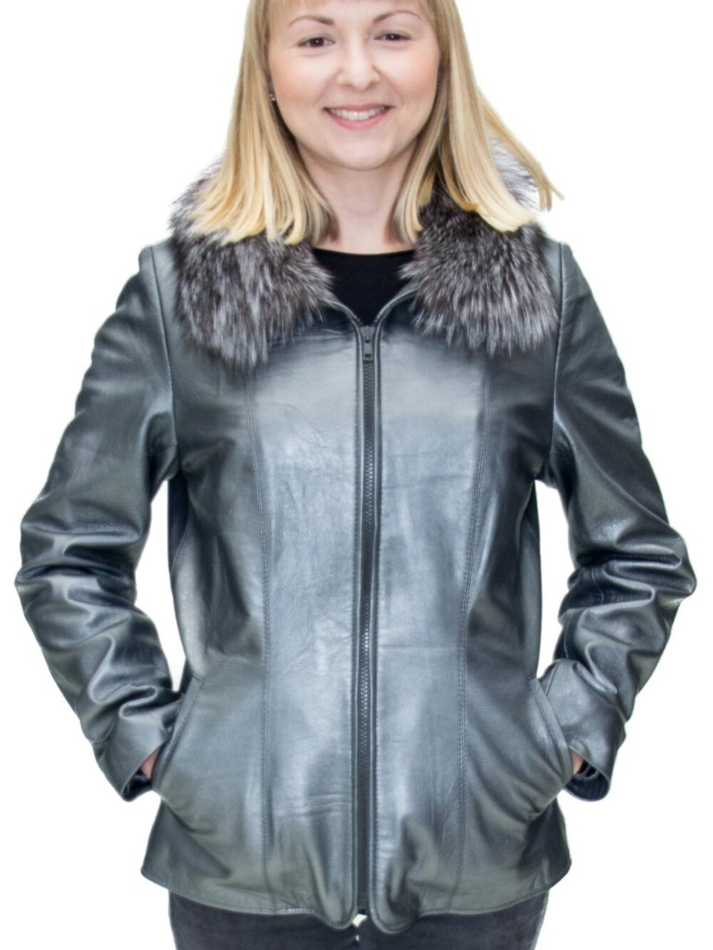 Pearlized Nappa Lamb Leather 24” Zip Jacket with Silver Fox Fur Collar